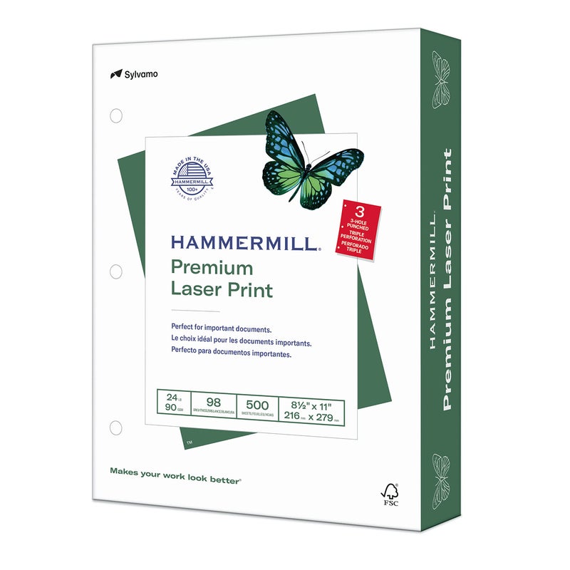 Hammermill Paper, Premium Laser Print Paper 8.5 x 11 Paper, Letter Size, 3 Hole, 24lb Paper, 98 Bright, 1 Ream / 500 Sheets (107681R) - Image 1